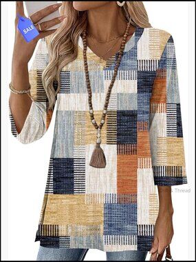 Cotton Linen Tunic Top 3/4 Sleeve V Neck Flare Hem Loose Fit